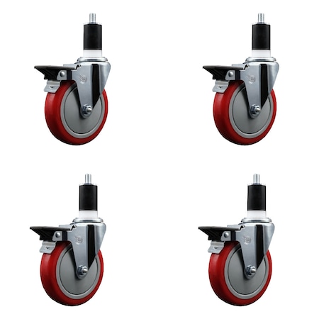 Service Caster 5'' Red Poly Swivel 1-1/2'' Expanding Stem Caster Set with Brake, 4PK SCC-EX20S514-PPUB-RED-PLB-112-4